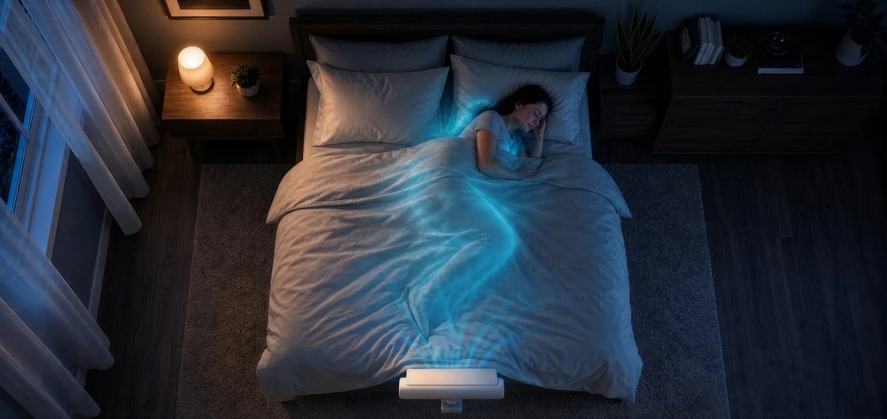 A sleeper resting soundly under the covers with nytaire keeping the air moving