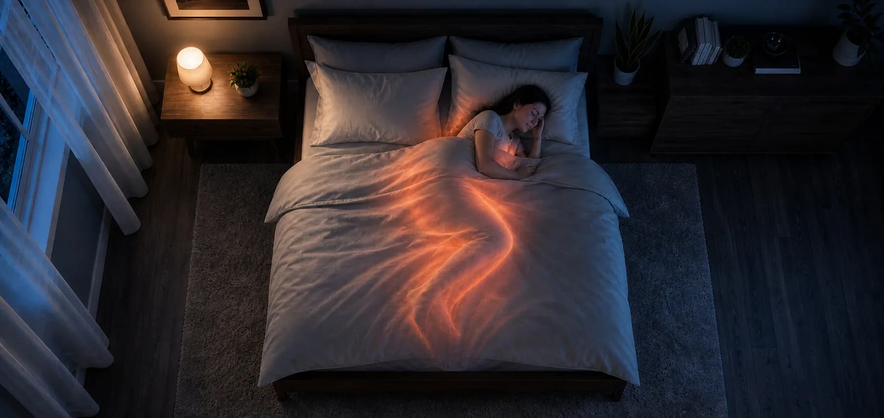 A sleeper lying awake in bed without nytaire, overheating under the covers
